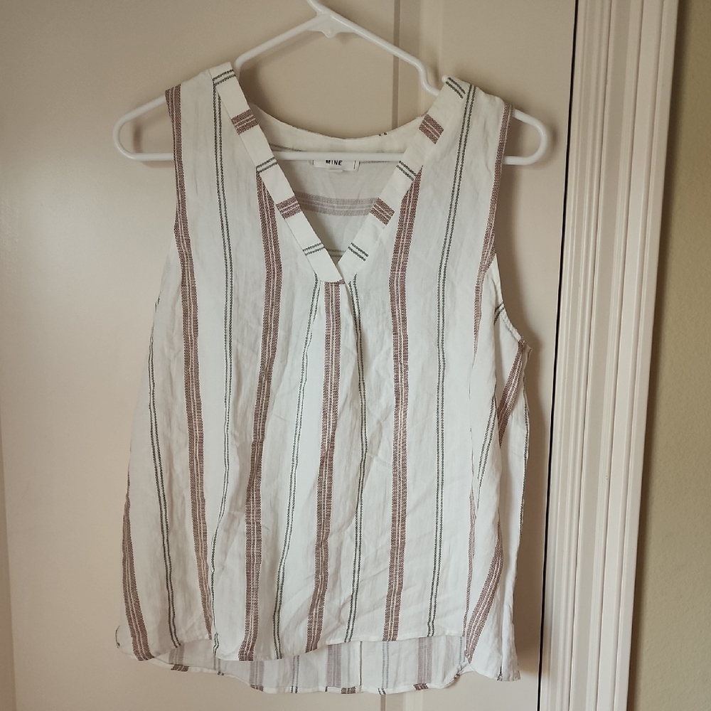 Mine White and Brown Striped Sleeveless Blouse